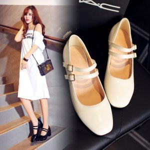 Women's Patent Leather Low Heel Slip-On Flats with Ankle Strap