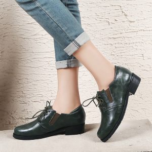 Fashion Mary Jane Flat Shoes Low Chunky Heel Round Toe Lace-Up