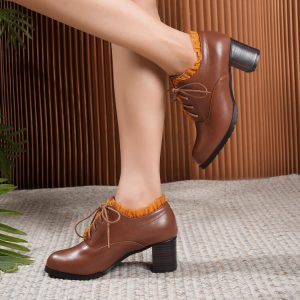 Deep Mouth High Heel Shoes PU Rubber Sole Lace-Up Round Toe Commute
