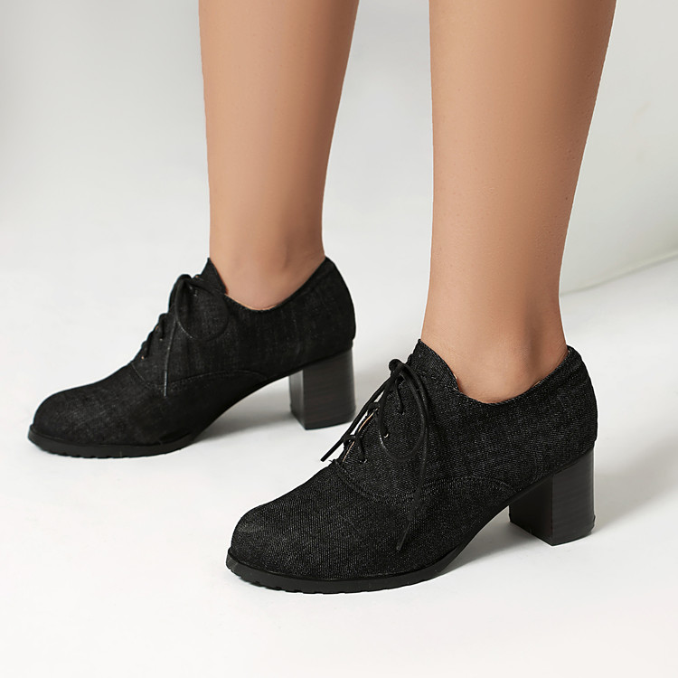 Deep Mouth Lace-Up Flat Shoes with Chunky Heel - Image 4
