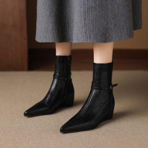 Fashion Pointed Toe Ankle Boots with Side Zipper and Hidden Wedge Heel