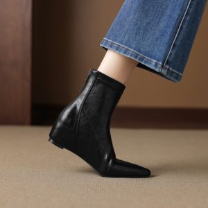 Korean Style Pointed Toe Ankle Boots with Back Zipper