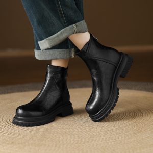 Women's Korean Style Ankle Boots with Chunky Mid Heel and Back Zip