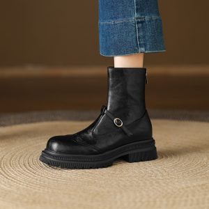 Korean Style Mixed Material Ankle Boots with Square Heel and Back Zipper