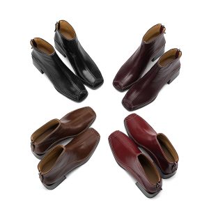 Women's Deep Mouth Flat Shoes Retro Square Toe Zip Waxed Leather